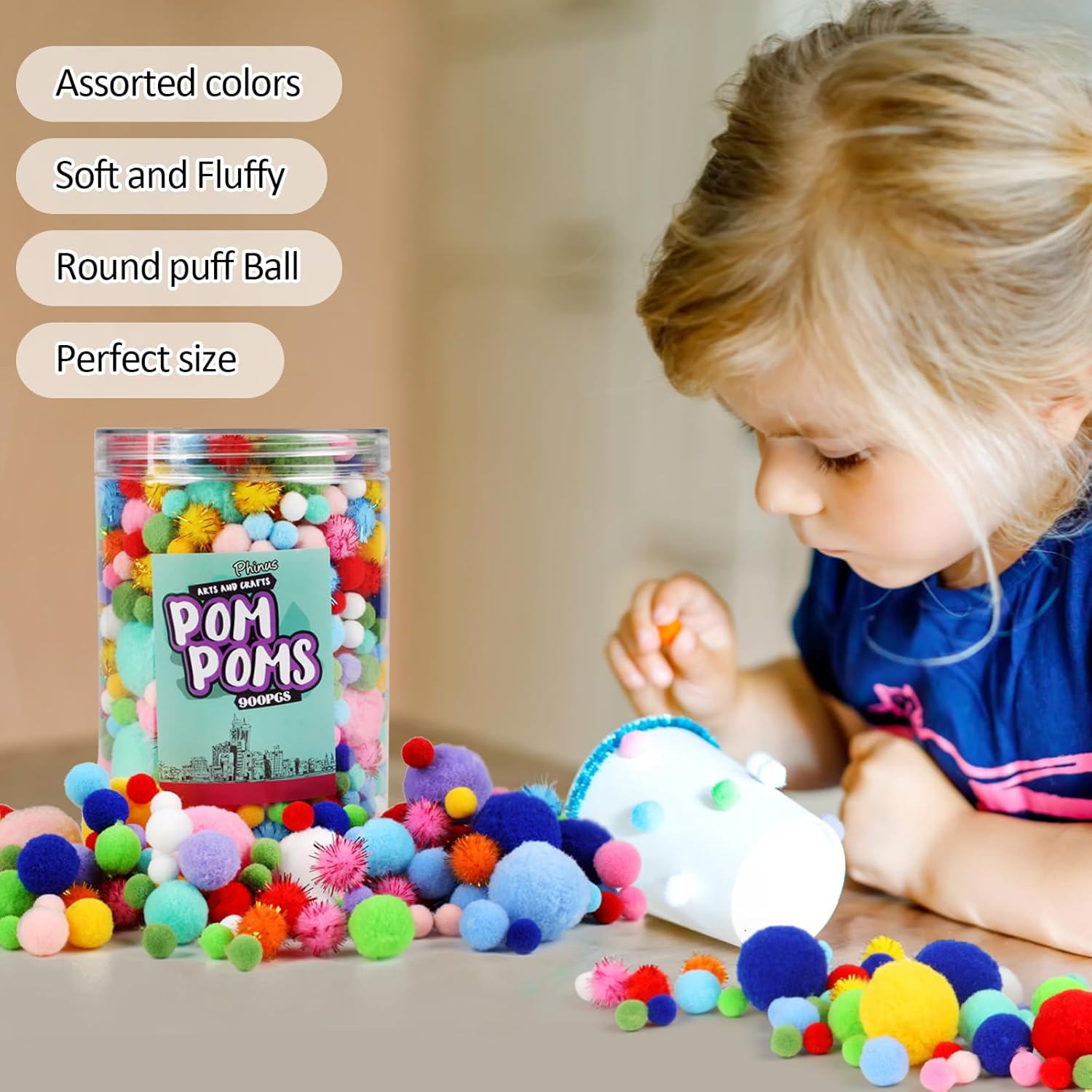 900 PCS Pom Poms, Multicolor Bulk Pom Poms Arts and Crafts, Soft and Fluffy Craft Pom Poms, Assorted Sizes Pompoms, for Arts and Craft Making Decorations