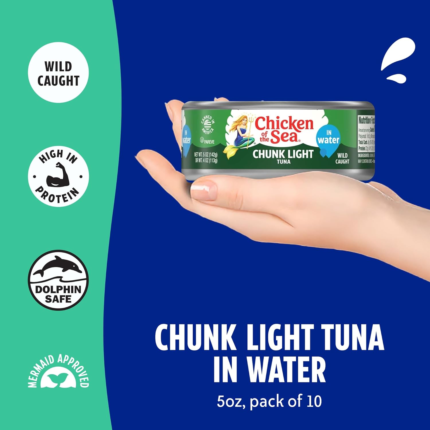 Chicken of the Sea Wild Caught Chunk Light Tuna, 5 Ounce Cans, 10-Count – High Protein 100% Classic Chunk Tuna in Water – Delicious, Easy, Nutritious Ready to Eat Meals