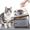 Upgraded Elevated Cat Bowls with Food Mat,15°Tilted Stand Anti Vomiting Raised Cat Dishes for Food and Water,2 Stainless Steel Bowls for Cats and Puppy