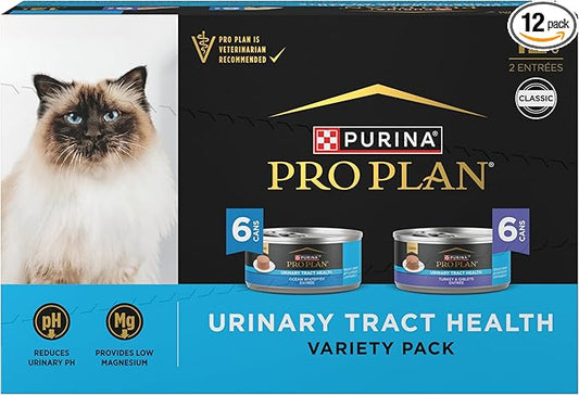 Purina Pro Plan Urinary Tract Health Pate Cat Food Variety Pack, Turkey and Giblets, and Ocean Whitefish Entrees - (Pack of 12) 5.5 oz. Cans