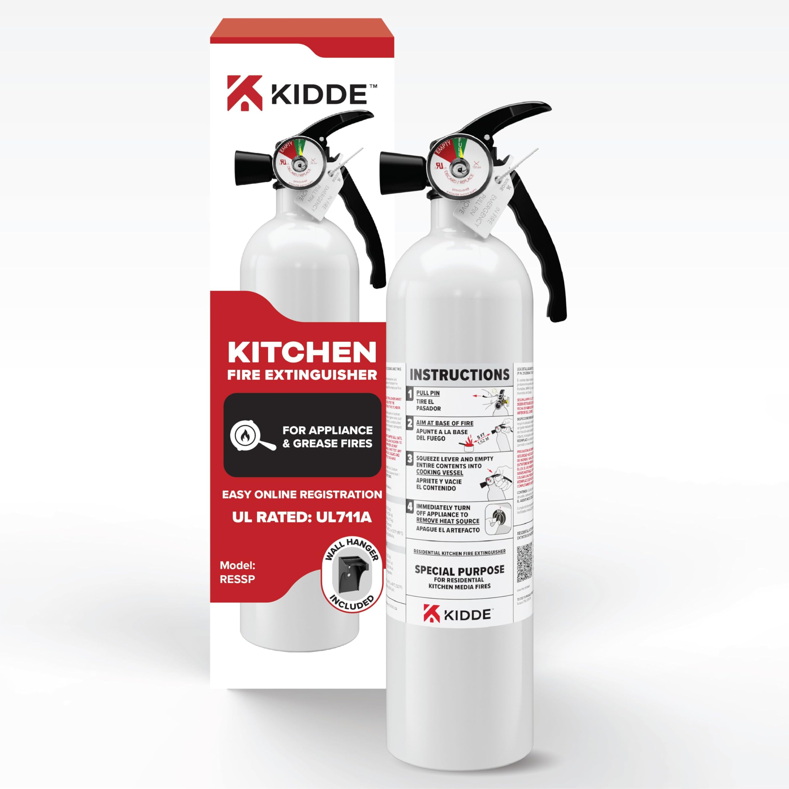 Kidde Kitchen Fire Extinguisher, 711A, RESSP | Home Extinguisher for Small Cooking Oil and Grease Fires in Residential Kitchens, 2.5 lb. Dry Chemical