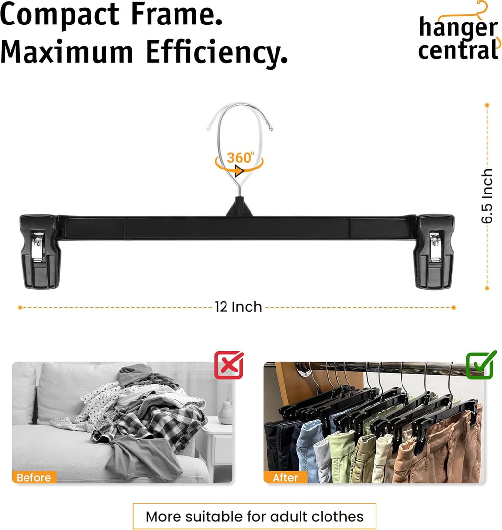 Hanger Central 30 Pack Pants Hangers – 12 Inch Slim Plastic Clothes Hangers with Clips for Skirts, Shorts & Trousers – Non Slip Grip, Heavy Duty Space Saver with Swivel Hook – Black Closet Organizer