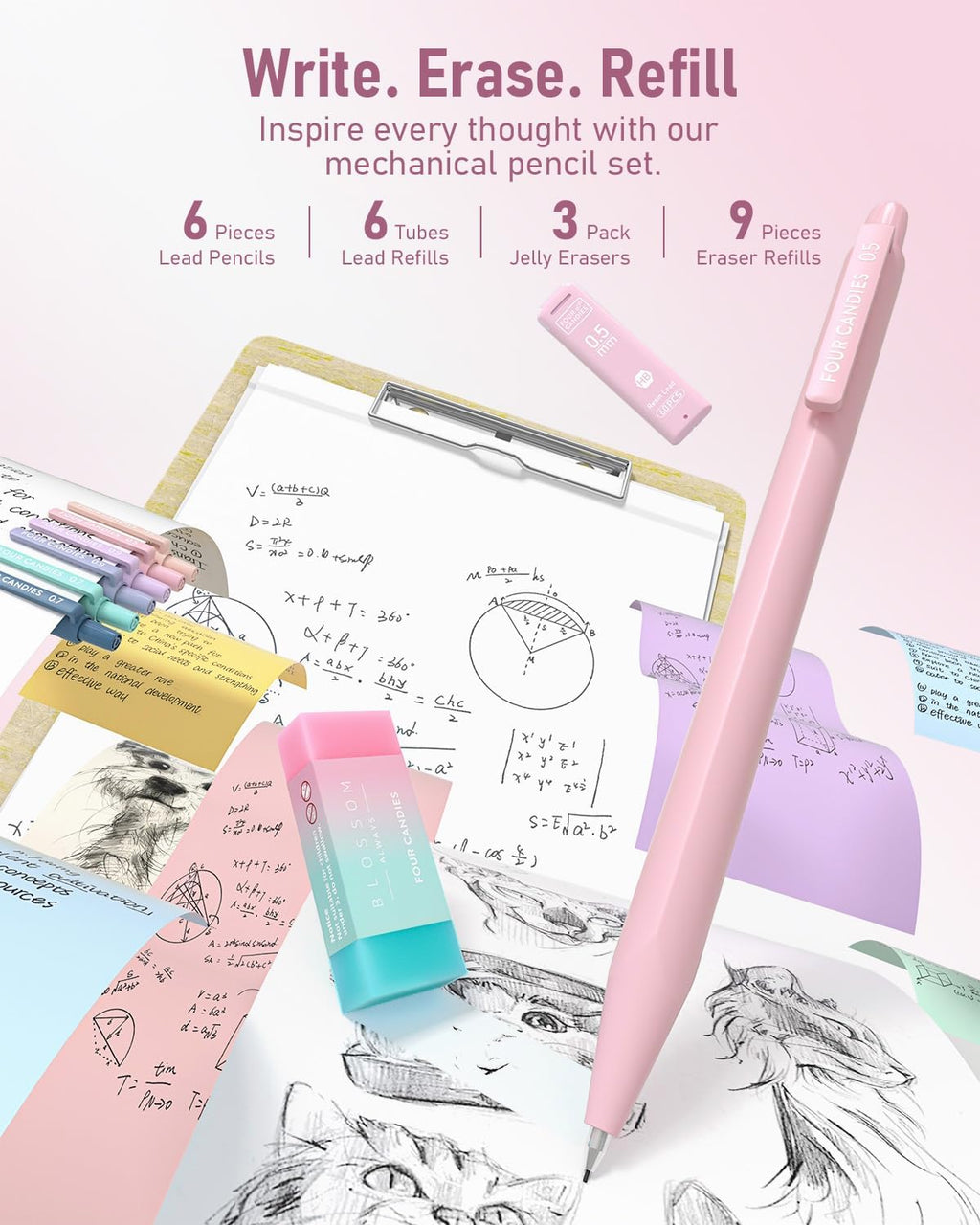 Four Candies 39 PCS Aesthetic School Supplies with Cute Pen Case, 12 Pastel Highlighters, 5 Black Ink Gel Pens, 6 Mechanical Pencils Set for Students Stationary College Essentials (Pink)