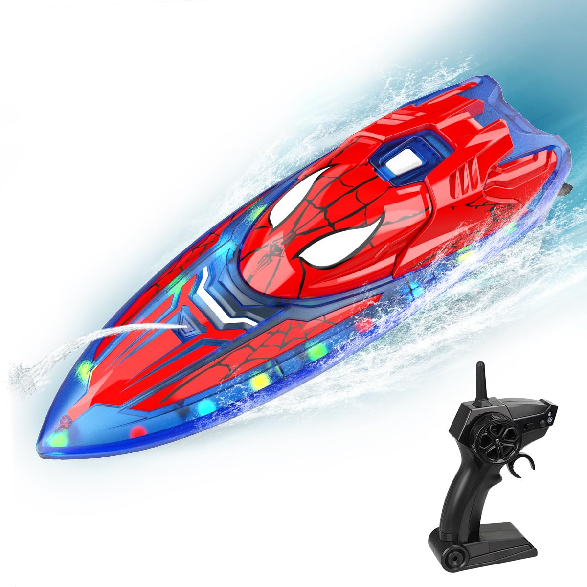 Spider Hero RC Boat, 2.4GHz Remote Control Boat with LED Lights for Kids, Pool Toy with 2 Rechargeable Batteries, Spray Function, and Low Battery Alarm for Boys & Girls