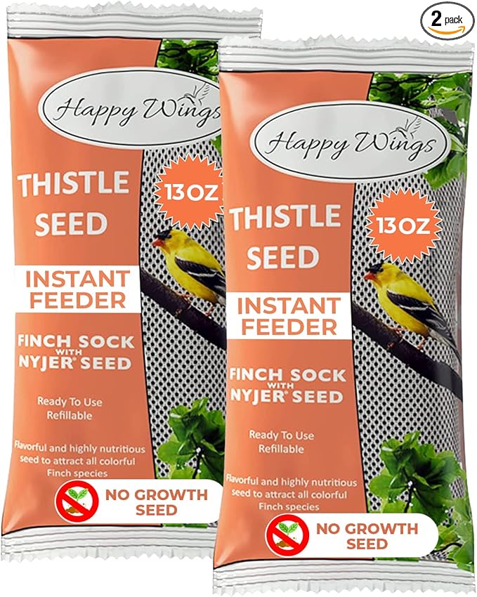 Happy Wings Nyjer/Thistle Seeds Wild Bird Food - (Pack of 2, 13 Ounce x 2) | Prefilled Sock | No Grow Seed | Bird Seeds for Wild Birds