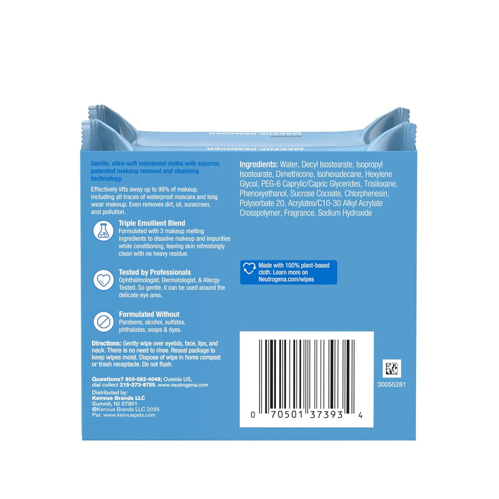 Neutrogena Makeup Remover Wipes, Daily Facial Cleanser Towelettes, Gently Cleanse and Remove Oil & Makeup, Alcohol-Free Makeup Wipes, 2 x 25 ct