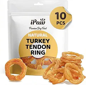 iPaw 10 Pcs Value Pack Turkey Tendons for Dogs, Single Protein, Hypoallergenic, All Natural Human Grade Puppy Chew, Rawhide Alternative Dog Treats, Ring (Small)