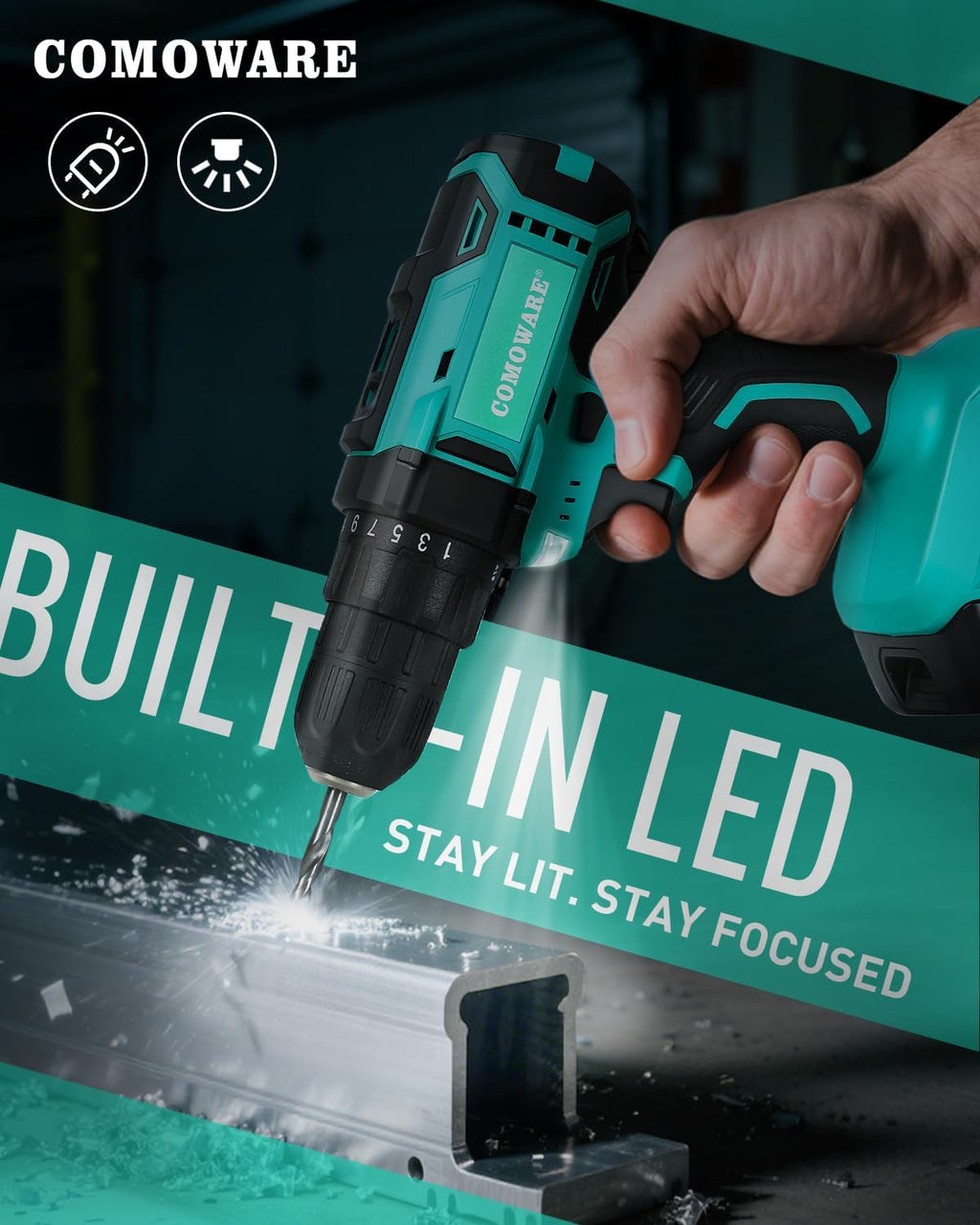 COMOWARE 20V Cordless Drill, Electric Power Drill Set with 1 Battery & Charger, 3/8” Keyless Chuck, 2 Variable Speed, 266 In-lb Torque, 25+1 Position and 34pcs Drill/Driver Bits