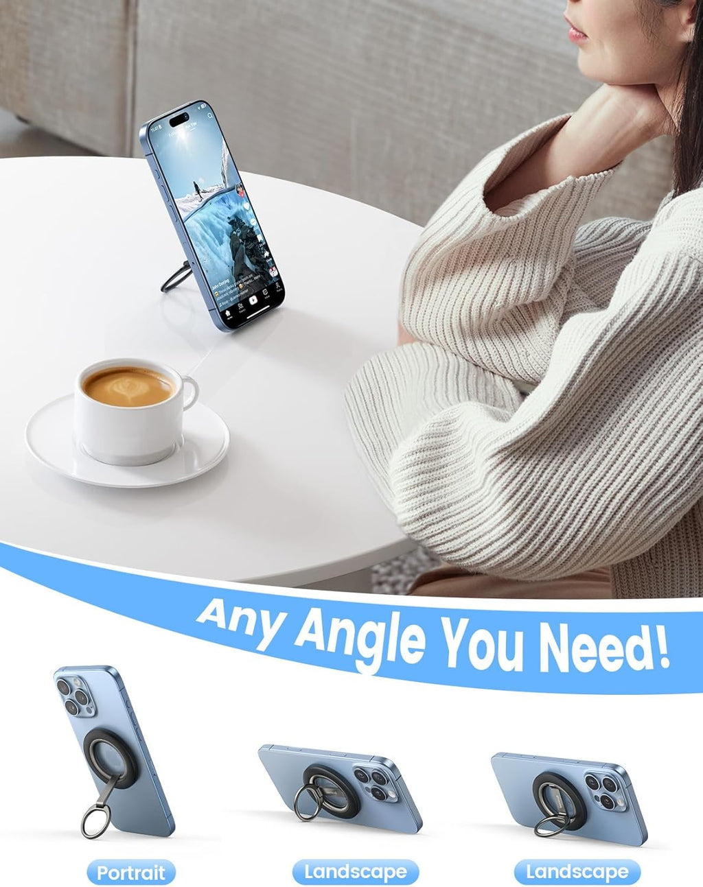 Lamicall for MagSafe Magnetic Phone Ring Stand - [Upgrade Dual-Hinge] 360° Rotation Finger Grip Holder, Super Magnet Phone Kickstand Ring, Mag Safe Grip Accessories for iPhone 17 Pro Max Air, Android