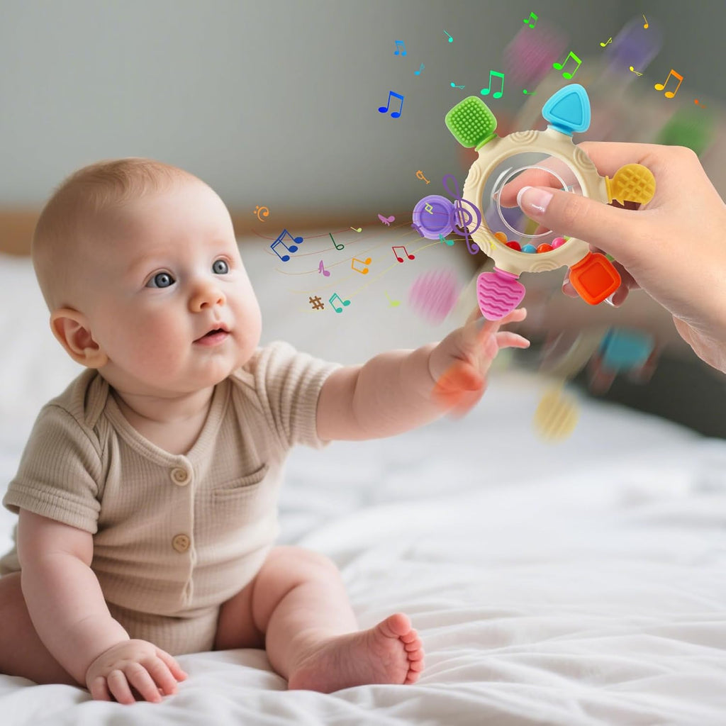 Baby Teething Rings Toys for 0-6 6-12 Months Baby Rattle Teether Sensory Toys for Babies 0-24Months Silicone Teether Relief Chew Soothing Sore Gums for Newborn Infant Essentials BPA Free