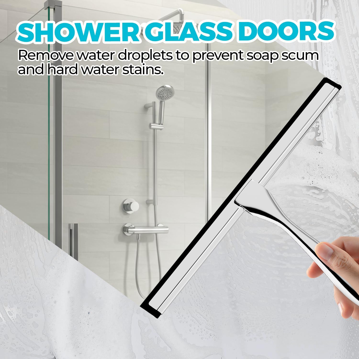 12-Inch All-Purpose Shower Squeegee for Shower Doors, Tile Shower Walls, Bathroom, Window, Glass and Car Windshield, Mirrors and Kitchen-Stainless Steel, Silver