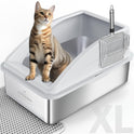 Stainless Steel Litter Box | XL Enclosed Cat Litter Boxes with Lid for Big Cats | High Sided, Anti-Urine Leakage | Non-Stick Bottom & Includes Litter Mat & Metal Scoop