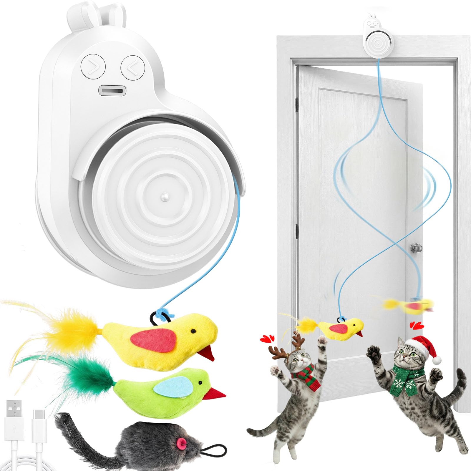 Interactive Cat Toys for Indoor Cats - Automatic Flying Bird Feather & Mouse Wand Enrichment Toy, Hands-Free or Handheld USB-Rechargeable Safe Play Chase Exercise for Bored Kittens and Adult Cats
