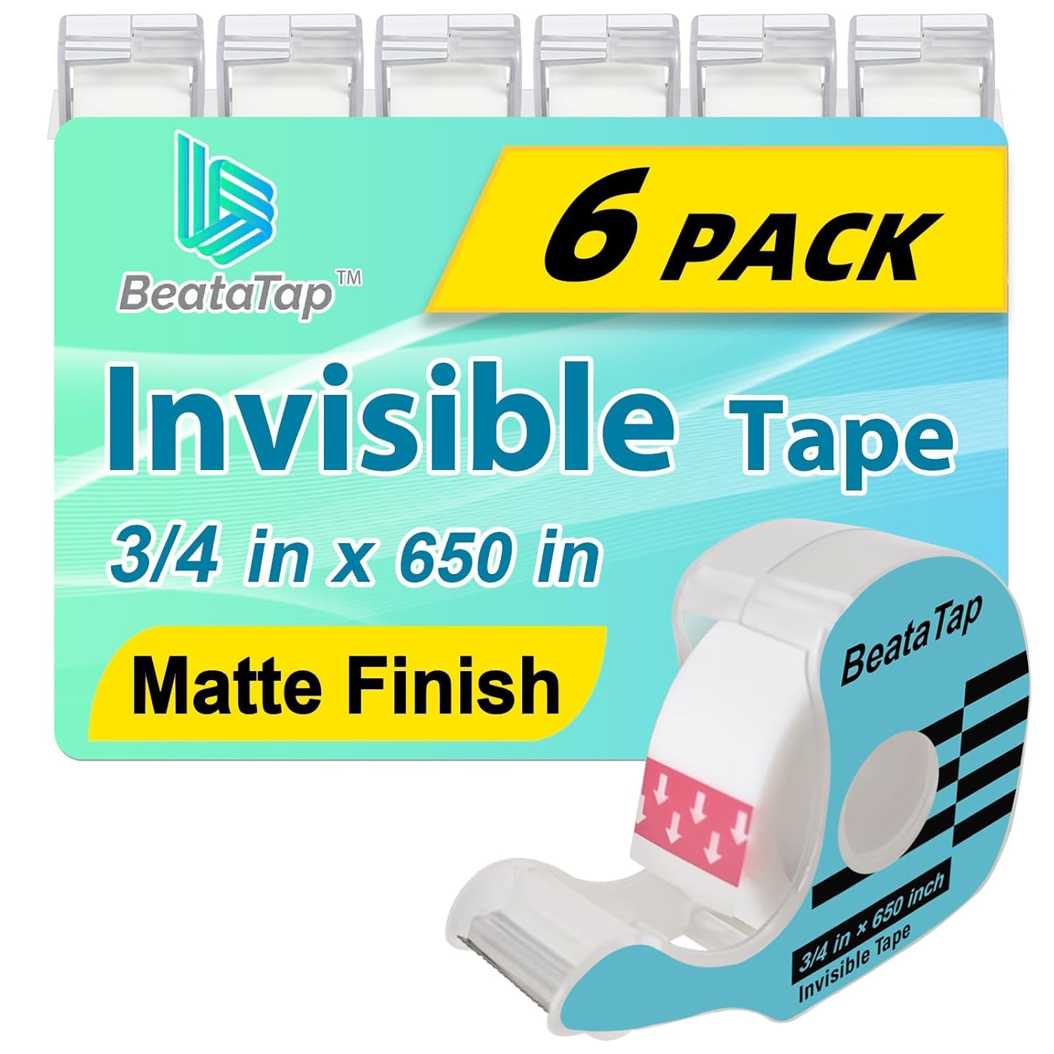 Tape, Invisible Tape for Gift Wrapping, 6 Rolls+6 Refillable Dispensers, Matte Finish, Writable, 3/4″x 650″, Clear Tapes for Christmas Wrapping Paper, Office&School Supplies