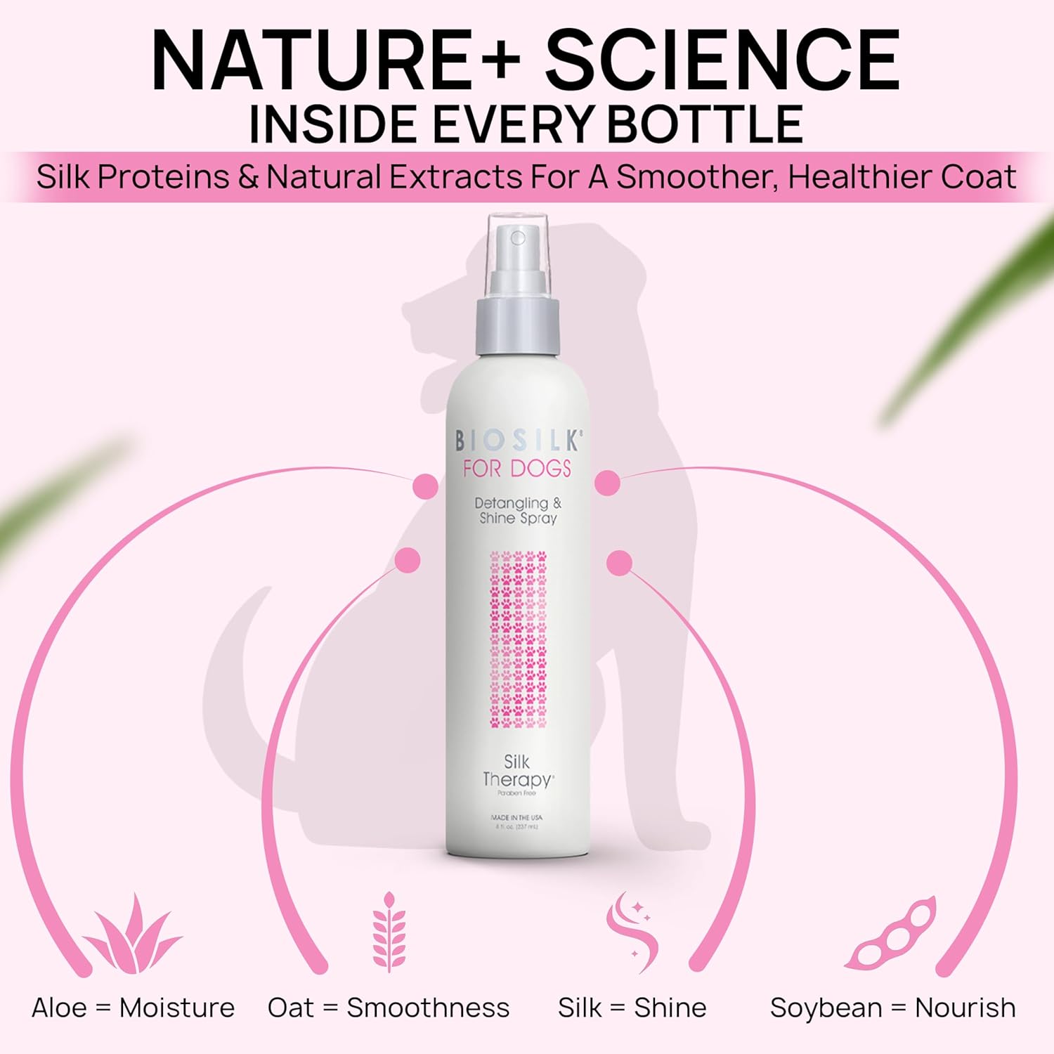 BioSilk for Dogs Silk Therapy Detangling Plus Shine Mist for Dogs | Best Detangling Spray for All Dogs & Puppies for Shiny Coats and Dematting | 8 Oz Bottle (Packaging May Vary),WHITE (Pack of 1)