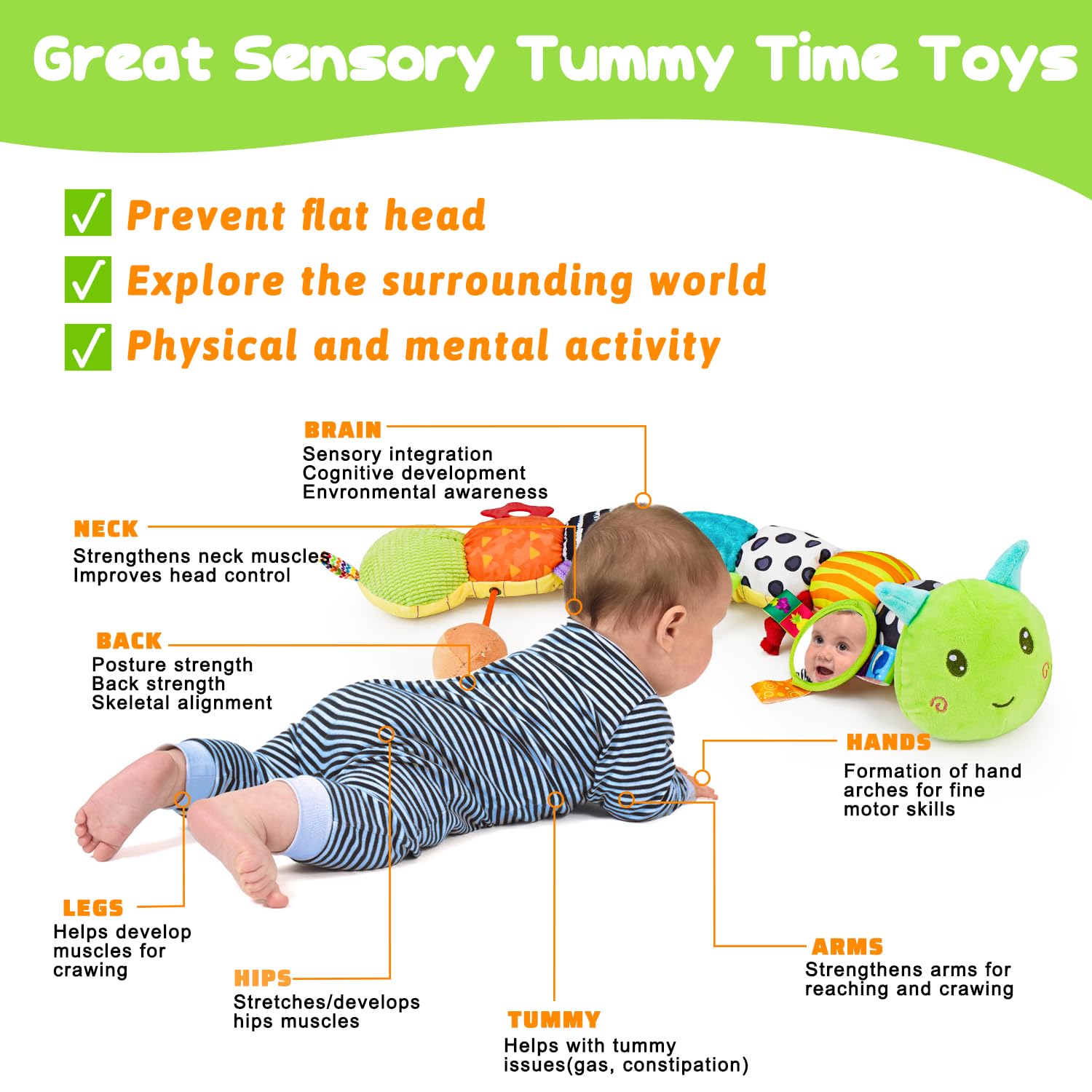 Baby Sensory Toy 0-6 Month Music Animal Stuffed Plush Caterpillar Toy for Infant 0-3-6-12 Month Old Tummy Time with Baby Mirror Crinkle Rattle Carseat Toys for Newborn Boys Girl Shower Gifts