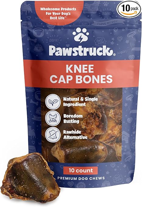 Pawstruck Natural Knee Cap Dog Bones - Treats for Aggressive Chewers, Low Fat & High Protein Chews, Beef Flavor, Long-Lasting Rawhide Alternatives - 10 Pack, Packaging May Vary