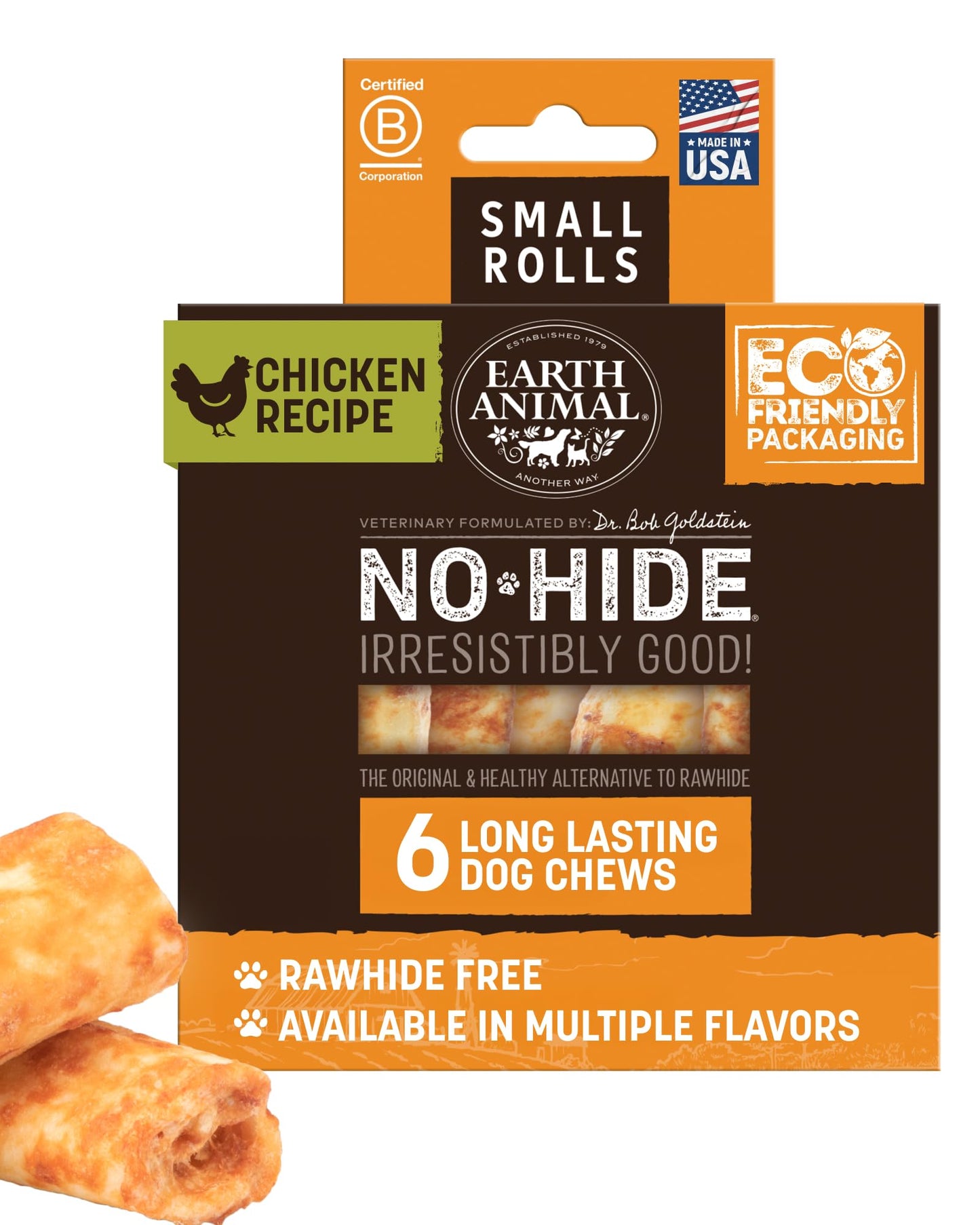 Earth Animal No Hide Chews - Long Lasting Rawhide Free Small Dog Chews Rolls, Chicken - 6 Count