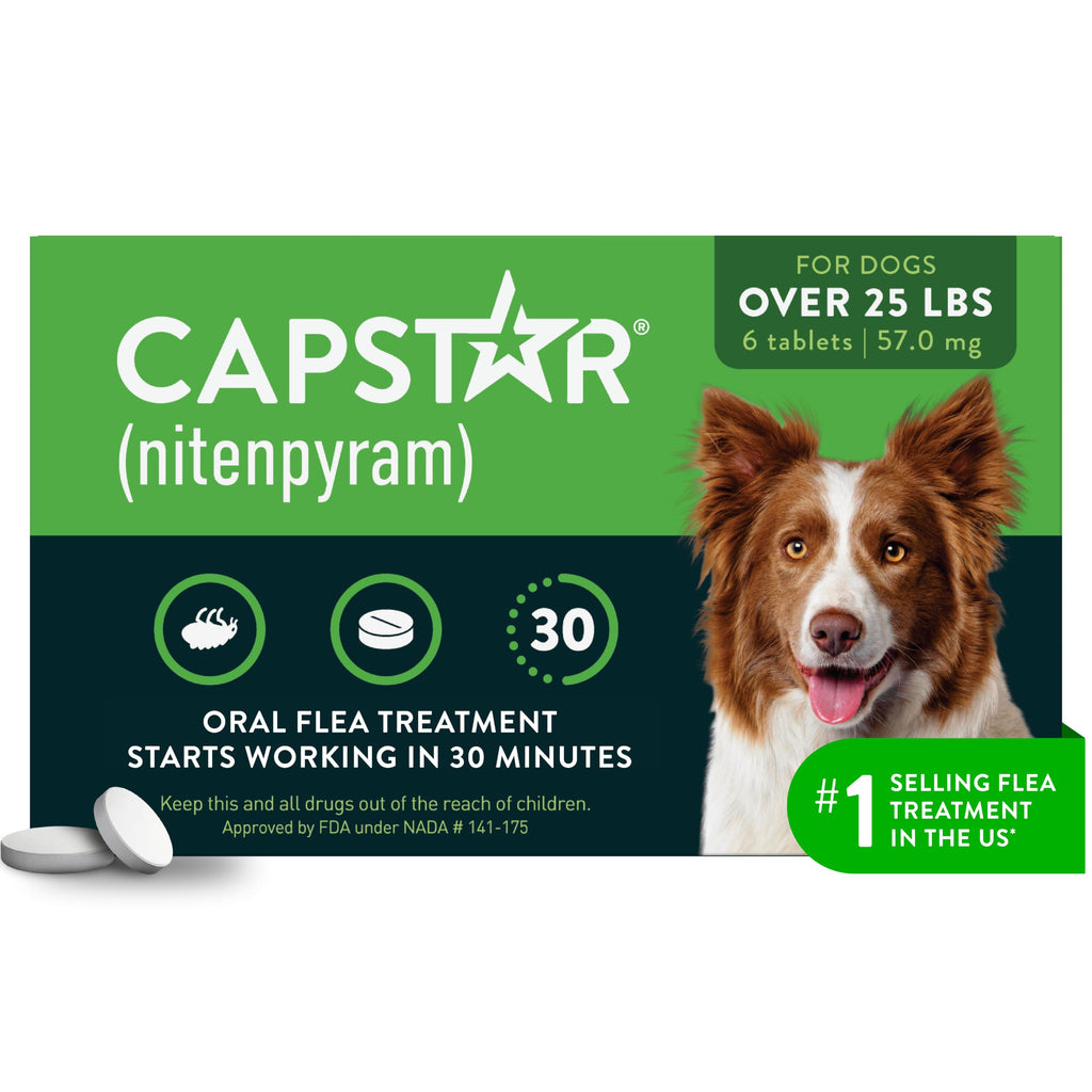 Capstar for Dogs (nitenpyram), Fast-Acting Oral Flea Treatment for Dogs Over 25+ lbs, Vet-Recommended Flea Medication Tablets Start Killing in 30 Minutes, 6 Doses | Ideal for Dogs 25+ lbs; Oral Tablet, No Mess; 6 doses; Fast Flea Knockdown
