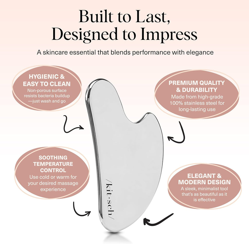 Kitsch Stainless Steel Gua Sha Facial Tools - Lymphatic Drainage Massager for Face & Chin, Jawline Shaper, Double Chin Reducer, Guasha Tool for Face Massager, Skin Care Tools Gifts for Women - Silver