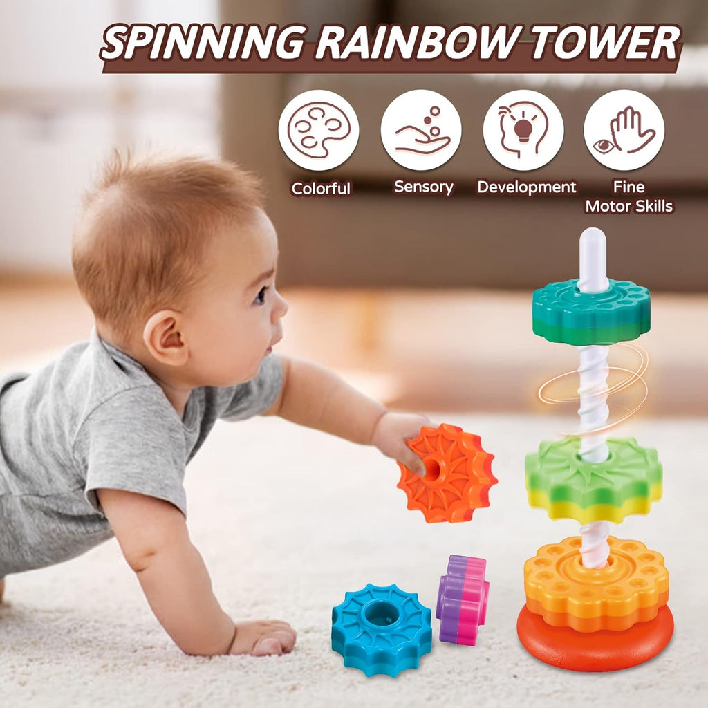 Baby Spinning Stacking Toys for Toddlers 1-3, Rainbow Ring Stacker Montessori Toys for Babies 6-12 Months, 1 2 3 One Year Old Girl Boy Birthday Gifts, Autism Sensory Learning Toy