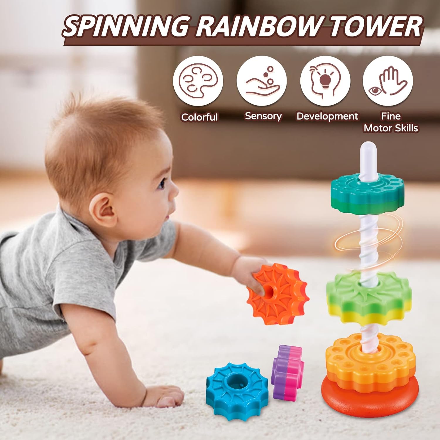 Baby Spinning Stacking Toys for Toddlers 1-3, Rainbow Ring Stacker Montessori Toys for Babies 6-12 Months, 1 2 3 One Year Old Girl Boy Birthday Gifts, Autism Sensory Learning Toy