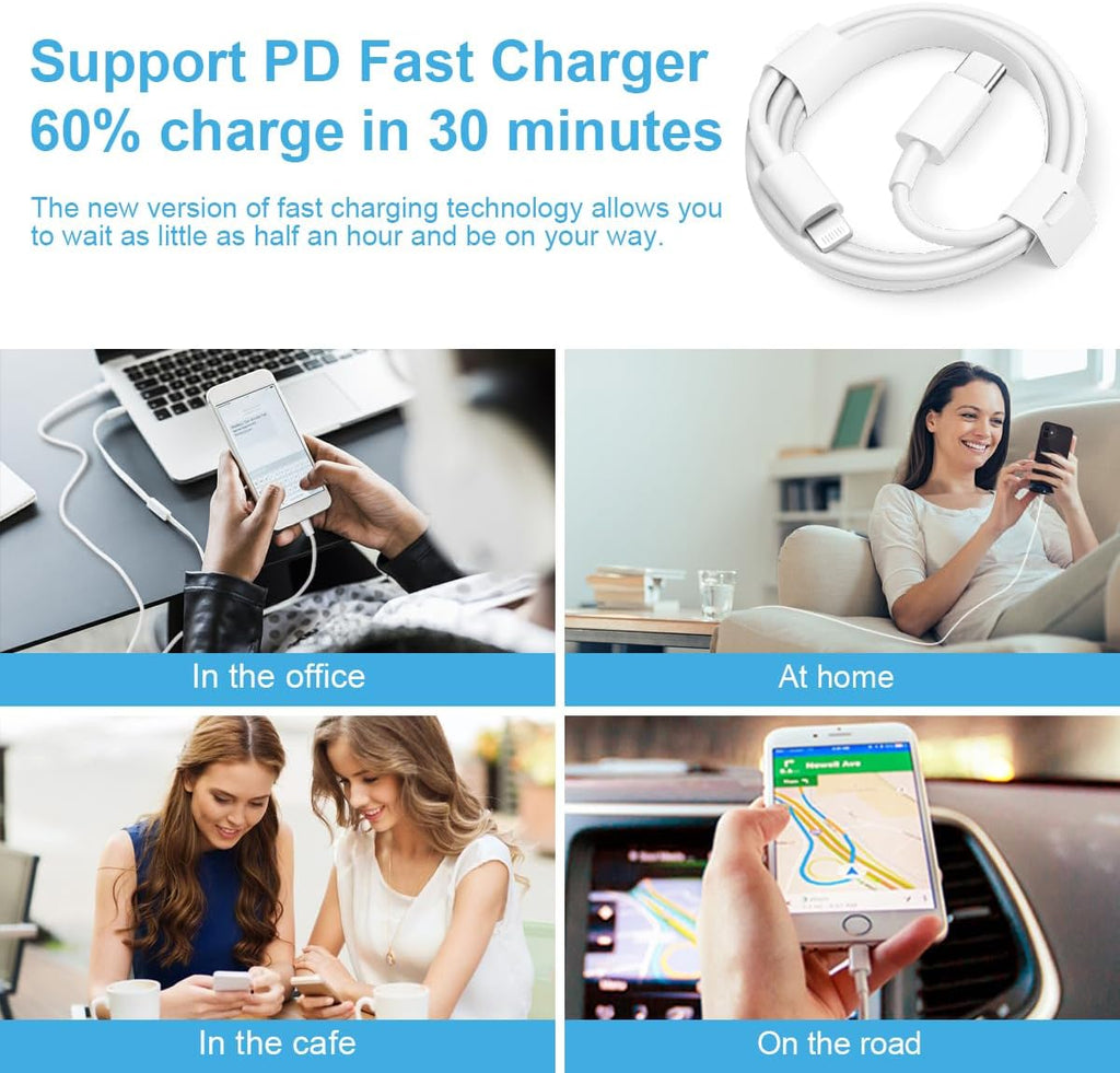 iPhone Fast Charger 3+3Pack 20W USB C Wall Charger with 6FT Fast Charging Cable Compatible with iPhone 14/13/12/11/Pro/Pro Max