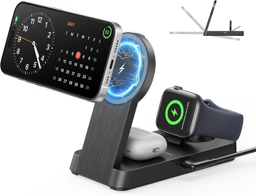3 in 1 Magnetic Wireless for iPhone Charging Station: Foldable Portable Charger for iPhone 17-12 Pro Max & Apple Watch & AirPods, for Apple Multiple Devices Charger for Home,Office&Travel