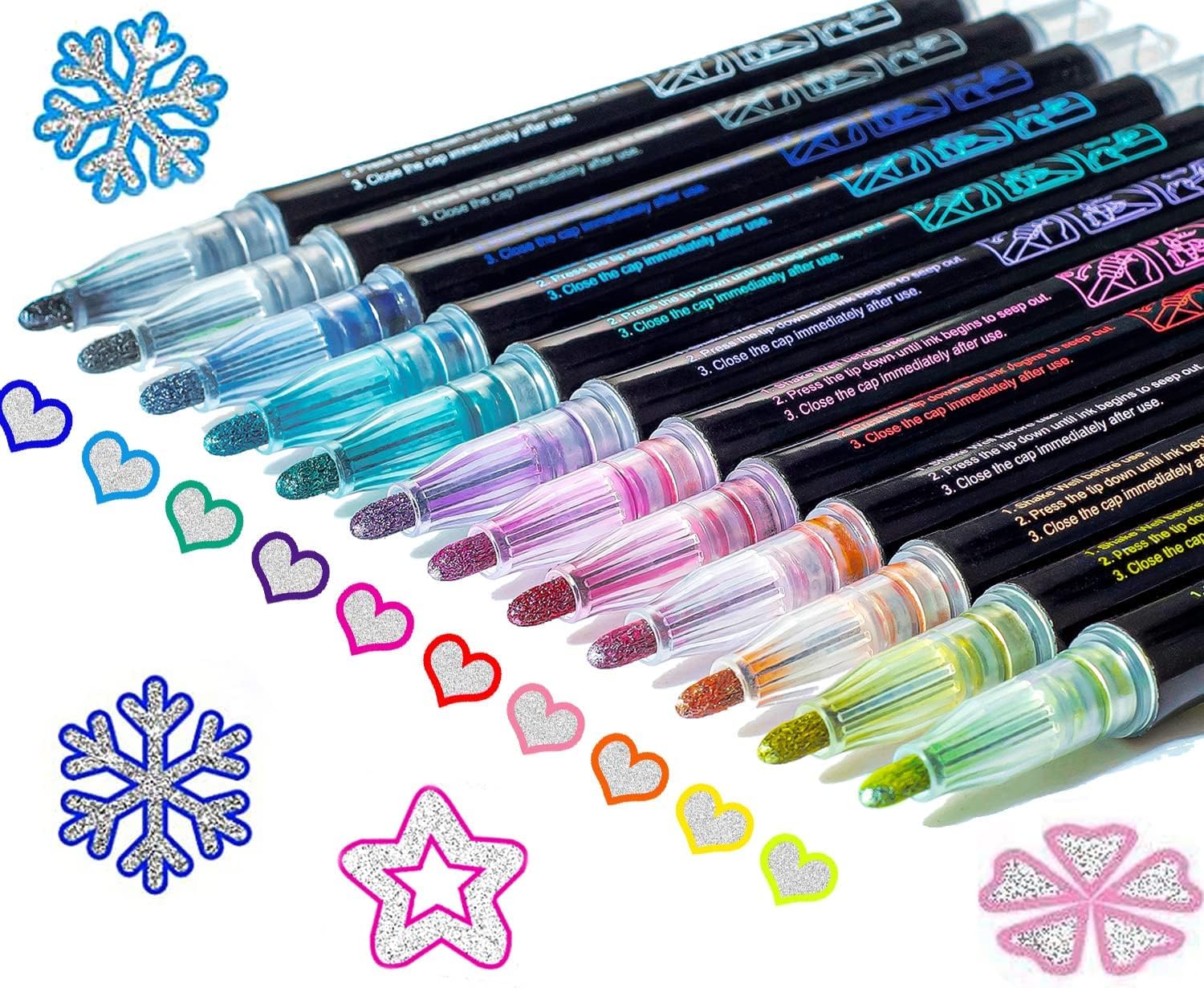 Glitter Markers Self Outline Pens Metallic: 12 Shimmer Tween Teen Girl Gifts Trendy Stuff,Drawing Art Supplies Kids 6-8 9-12 10-12,Arts Crafts Kids Ages 8-12 Year Old,Cute Cool Fun Crafts Girls 8-12