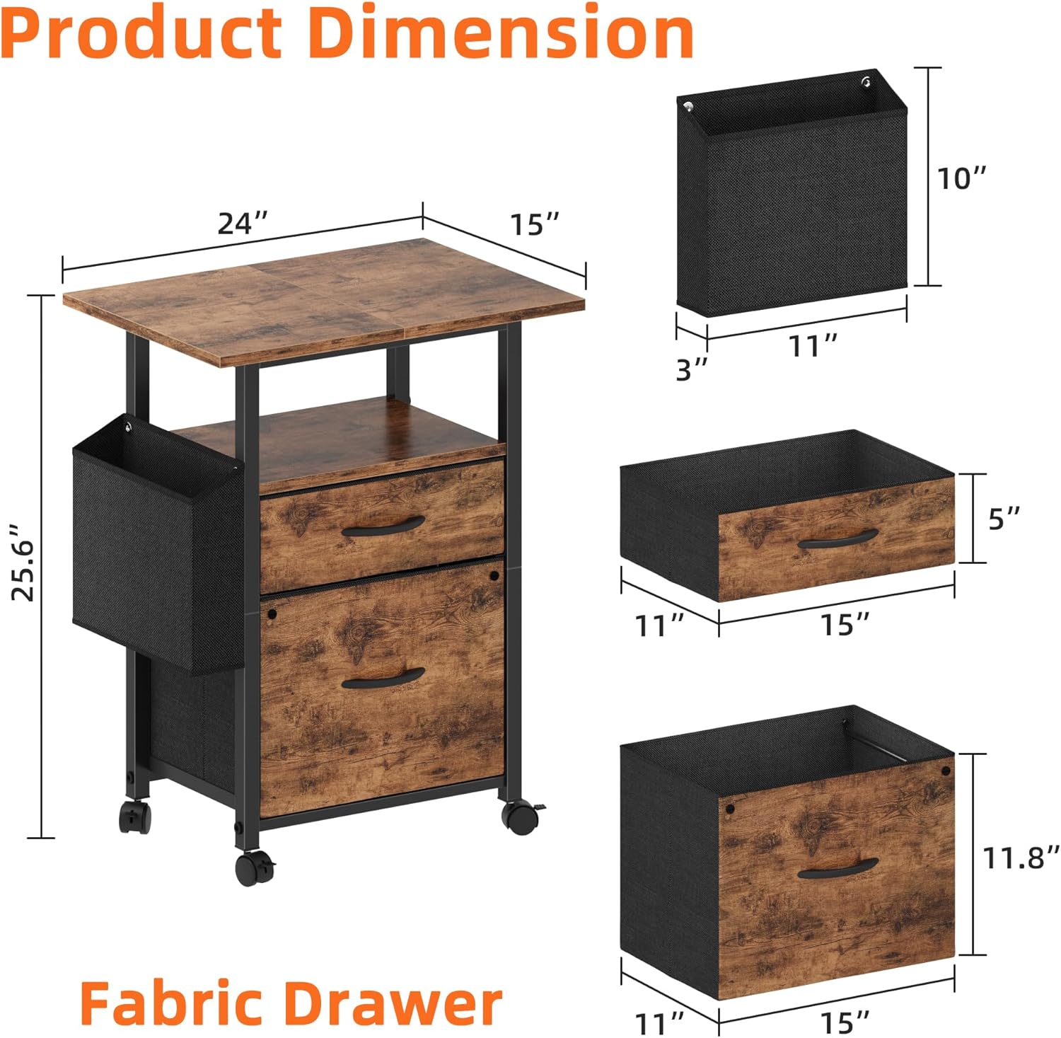 GYIIYUO 2 Drawer File Cabinet with 24'' Extended Desktop, Mobile Filing Cabinet, Rolling File Cabinet with Side Bag, Fabric Drawer, Fits A4/Letter Size, Printer Stand Home Office, Light Brown