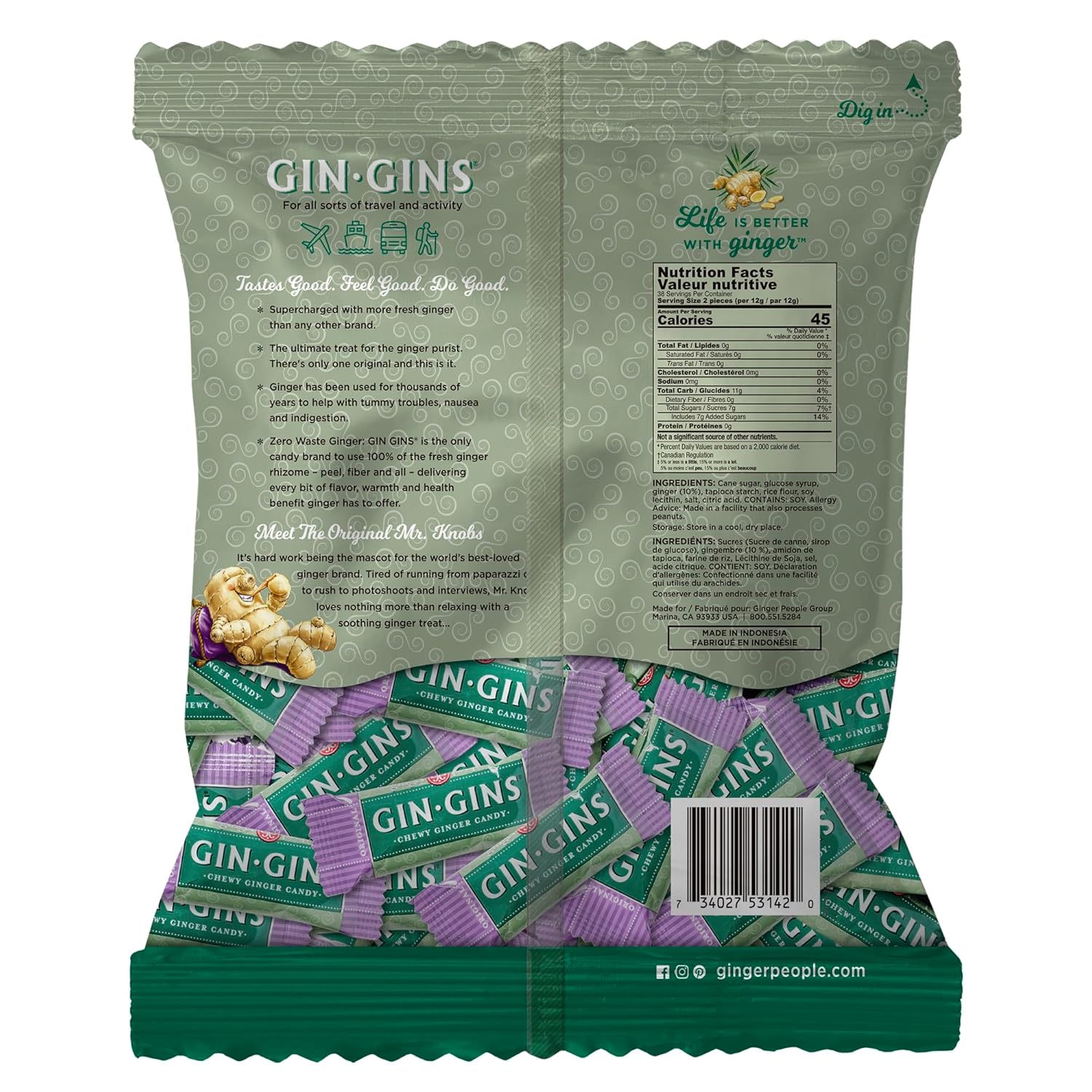 GIN GINS Original Ginger Chews – Natural Fresh Ginger Candy by The Ginger People – Individually Wrapped Healthy Candy – Original Flavor – Large 1 lb Bag (16oz) – Pack of 1