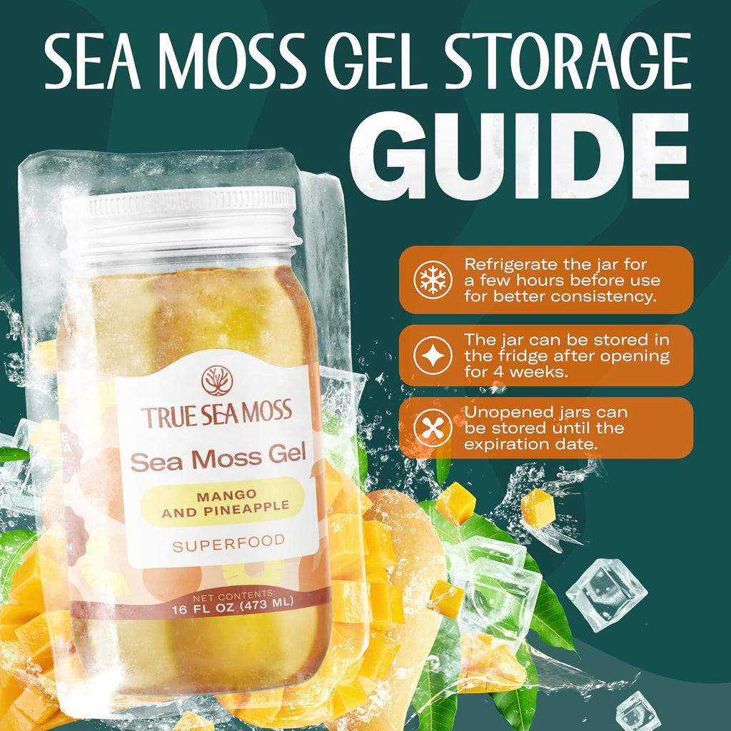 TrueSeaMoss Sea Moss Gel – Made in USA – Wildcrafted Seamoss, Fruits & Jarred Vegetables – Mango/Pineapple, Pack of 1 (Labels may Vary)
