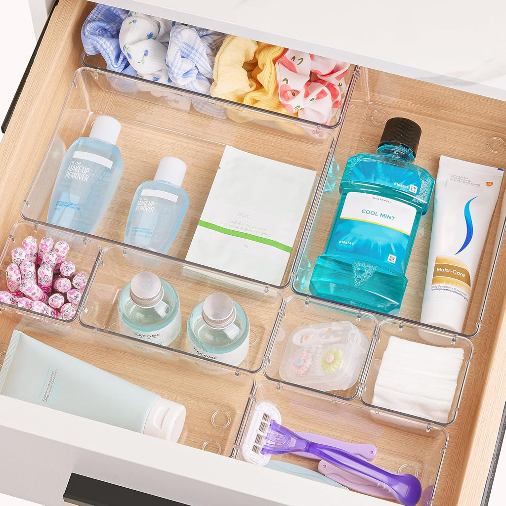 Vtopmart 25-Piece Clear Plastic Drawer Organizer Set – 4 Size Non-Slip Storage Bins for Bathroom, Kitchen, Makeup, Vanity & Office Drawers