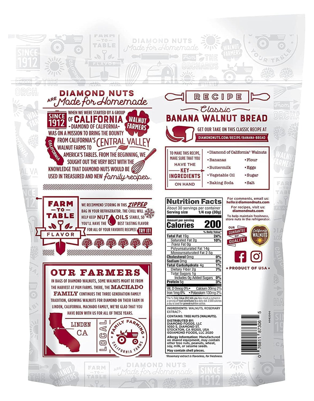 Diamond of California Shelled Walnut Halves and Pieces, Pre-Shelled Raw Walnuts for Baking, Snacking and Salads, 32 oz.