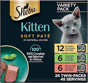 Sheba Perfect Portions Kitten Wet Cat Food Pate Chicken Entree, Salmon Entree, and Turkey Entree, 2.6 oz. Twin-Pack Trays (24 Count, 48 Servings)
