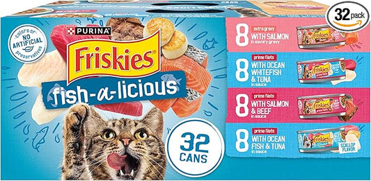 Purina Friskies Wet Cat Food Variety Pack Fish-A-Licious Extra Gravy,  Filets and Tasty Treasures - (Pack of 32) 5.5 oz. Cans