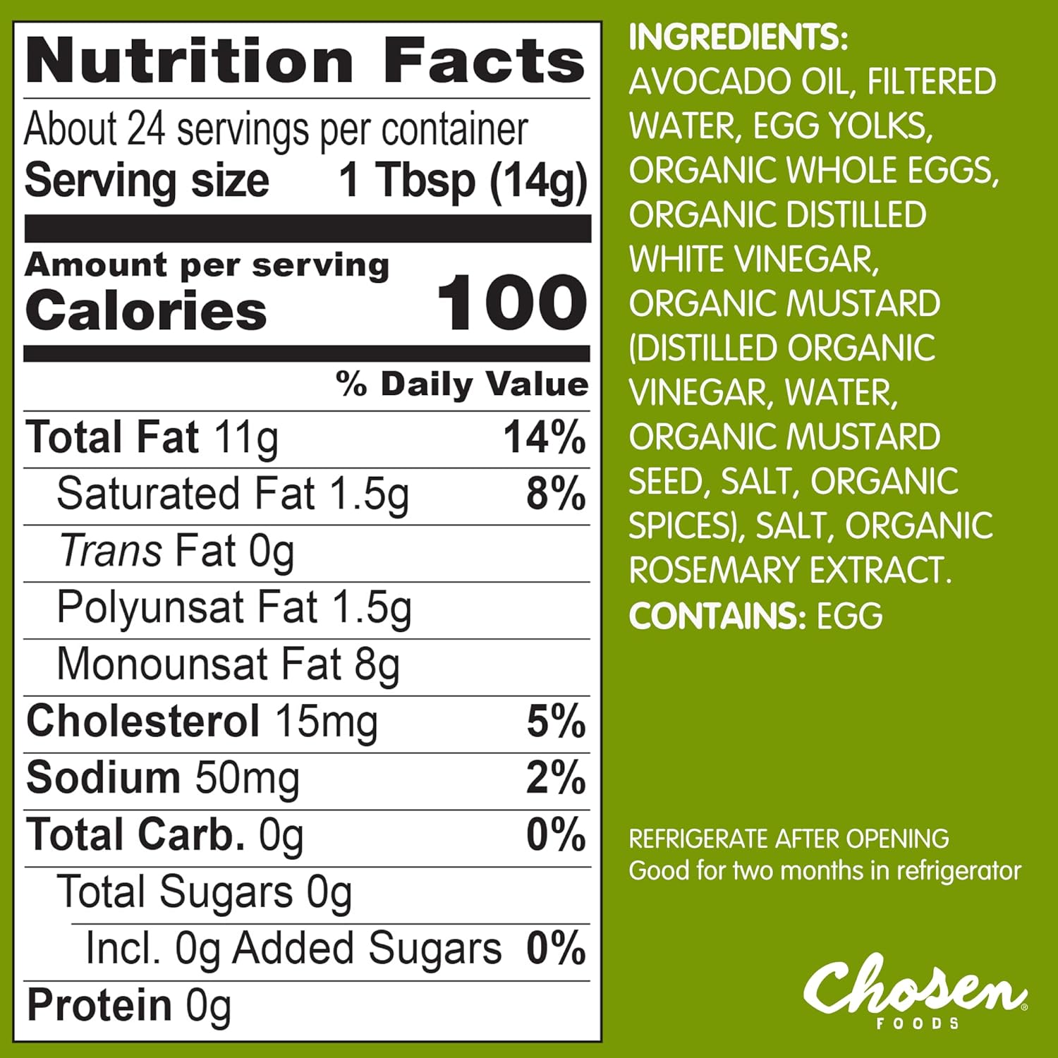 Chosen Foods 100% Avocado Oil-Based Classic Mayonnaise, Gluten & Dairy Free, Low-Carb, Keto Diet Friendly, Mayo for Sandwiches, Dressings and Sauces, Made with Cage Free Eggs (12 fl oz)