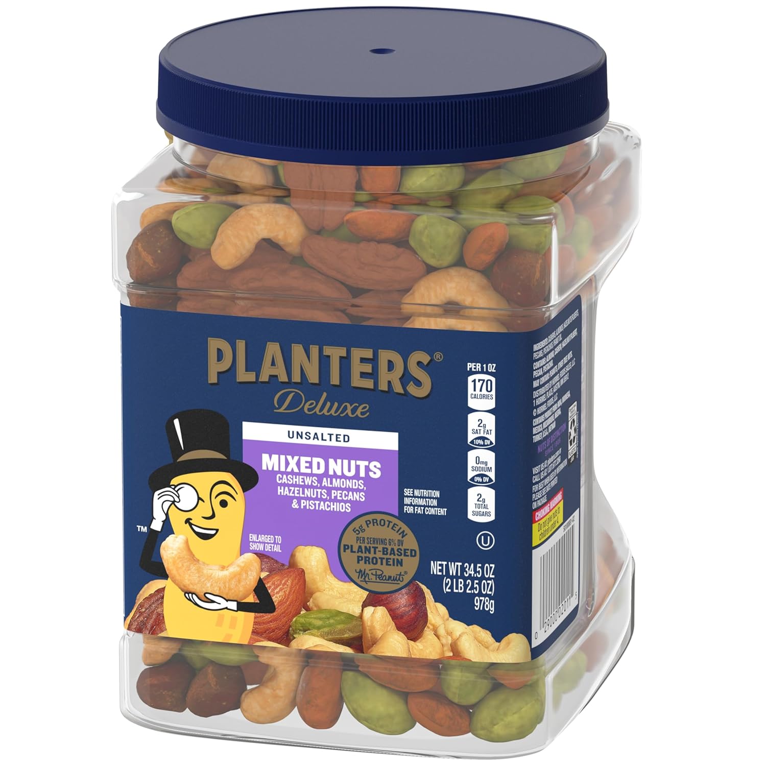PLANTERS Unsalted Premium Nuts 34.5 oz Resealable Container- Contains Roasted California Pistachios, Cashews, Almonds, Hazelnuts & Pecans - No Artificial Flavors or Colors