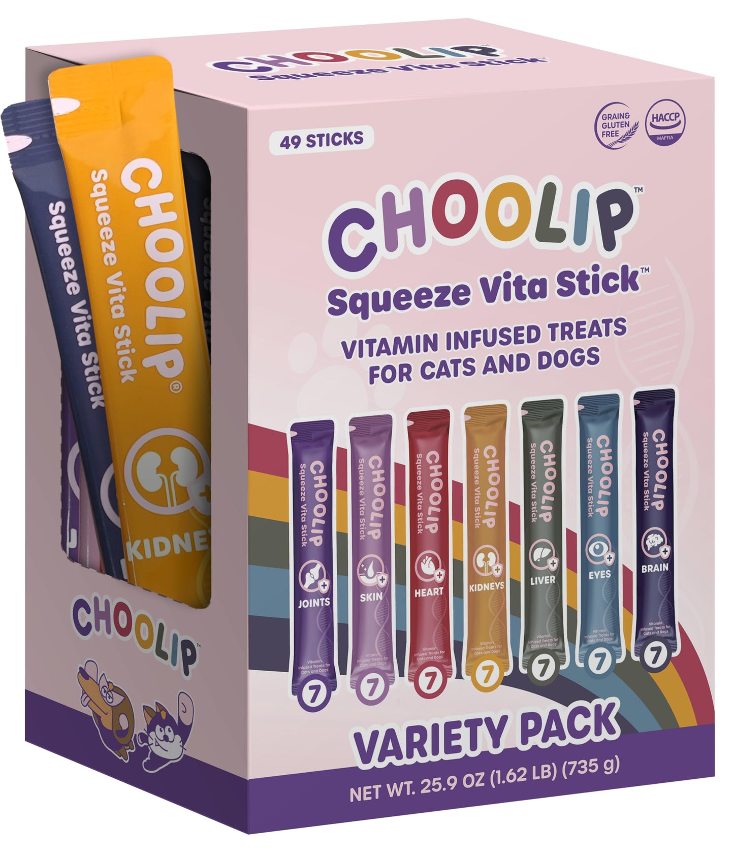 Choolip Squeeze Vita Stick Lickable Cat and Dog Treats - 49-Count Variety Pack - Real Meat Puree with Multivitamins for Total Pet Wellness - Grain-Free, Moisture, Vet-Formulated