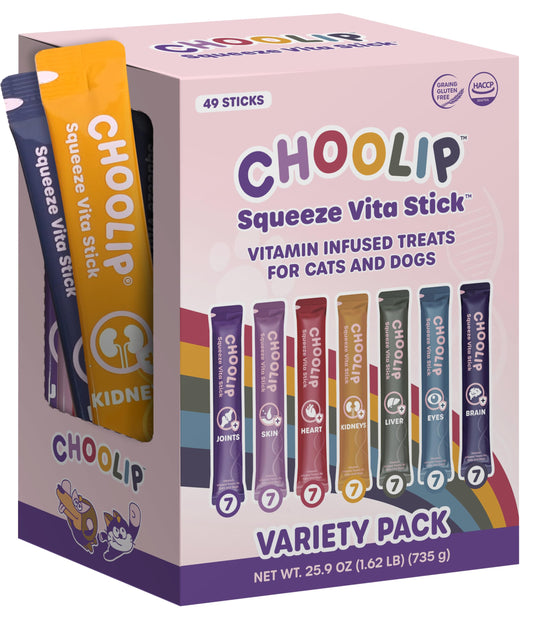 Choolip Squeeze Vita Stick Lickable Cat and Dog Treats - 49-Count Variety Pack - Real Meat Puree with Multivitamins for Total Pet Wellness - Grain-Free, Moisture, Vet-Formulated