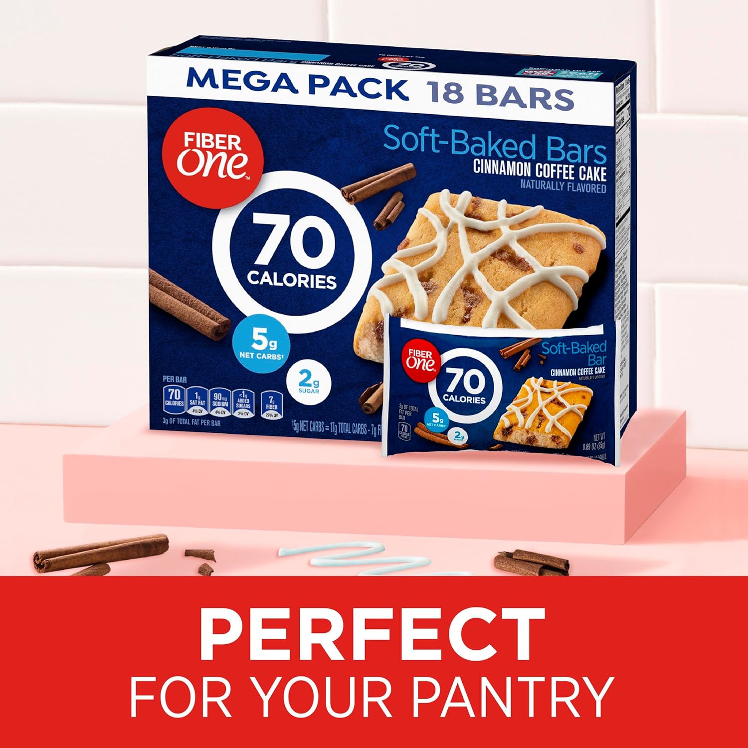 Fiber One 70 Calorie Soft Baked Bars, Cinnamon Coffee Cake, Mega Pack, 18 Ct, 16 oz