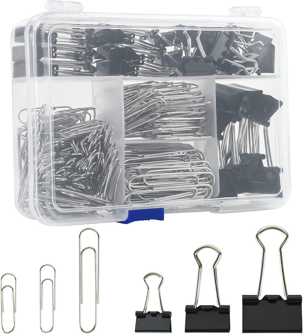 Assorted Size Binder Clips & Jumbo Paper Clips Set - 340pcs Black, Large for Office & School Supplies, in Container with Compartments