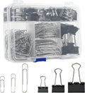 Assorted Size Binder Clips & Jumbo Paper Clips Set - 340pcs Black, Large for Office & School Supplies, in Container with Compartments