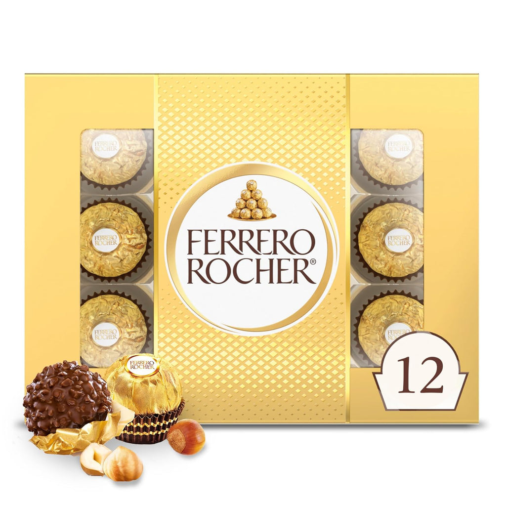 Ferrero Rocher Gourmet Hazelnut Milk Chocolate Gift Box, 12 Individually Wrapped Chocolates, 5.3 oz