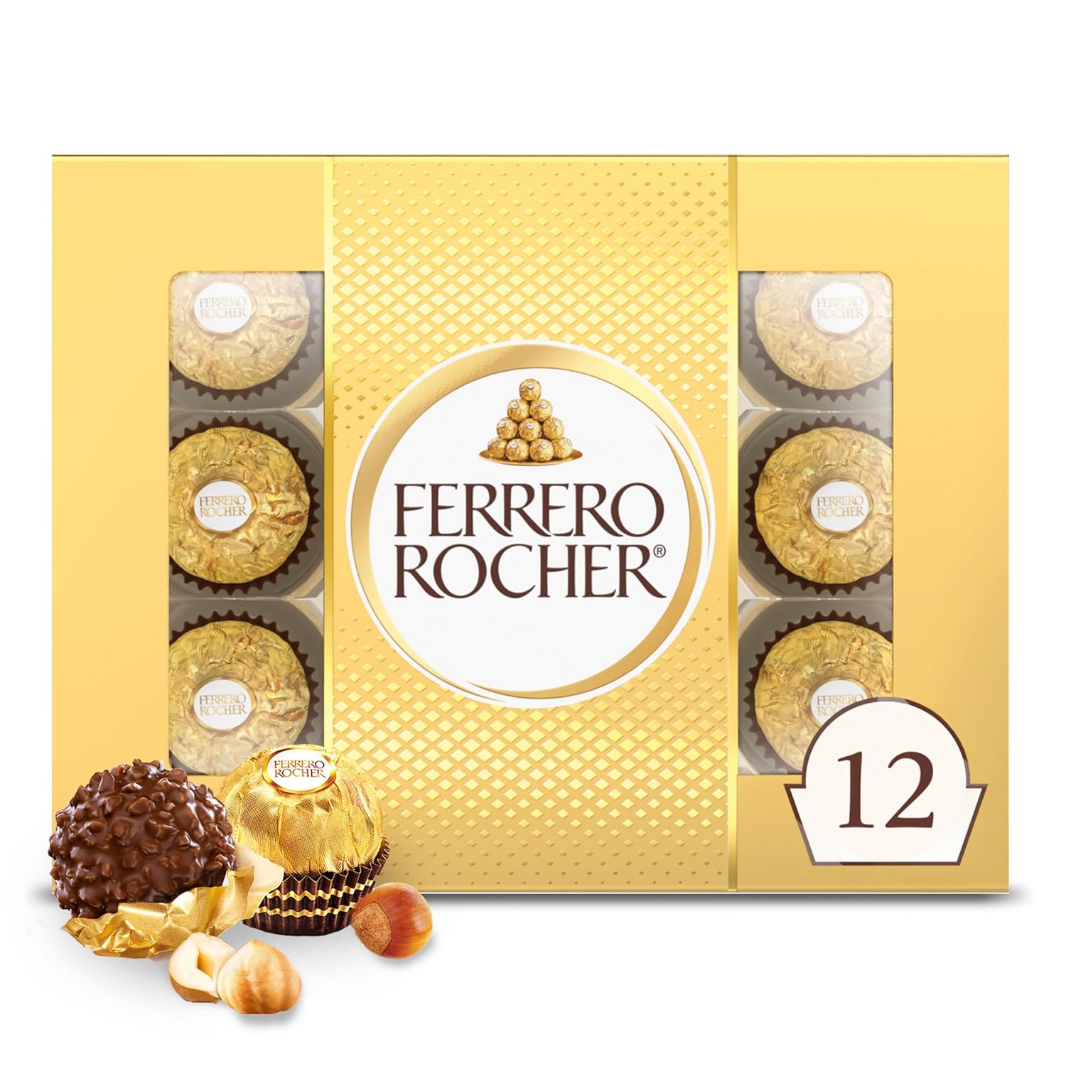 Ferrero Rocher Gourmet Hazelnut Milk Chocolate Gift Box, 12 Individually Wrapped Chocolates, 5.3 oz
