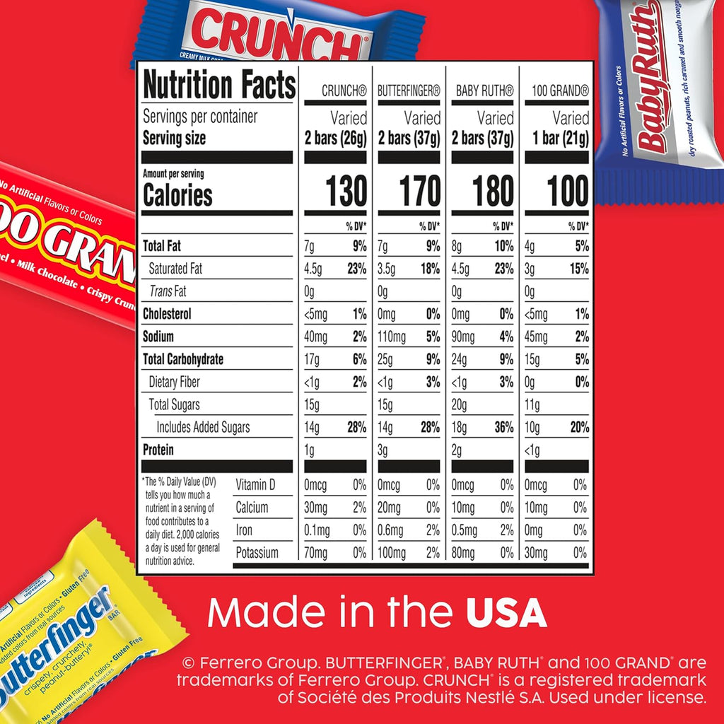 Butterfinger, CRUNCH, Baby Ruth, 100 Grand Fun Size Assorted Candy Bars, Great for Sharing, Bulk 60 Count Pack, 37.2 oz