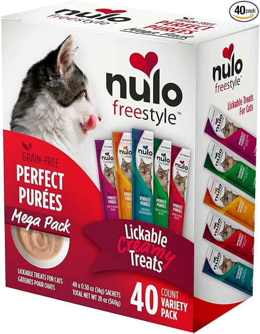 Nulo Freestyle Lickable Cat Treats - Perfect Purées Variety Pack, Squeezable Grain-Free Wet Cat Food Topper, High Moisture for Hydration, 40 x 0.5oz
