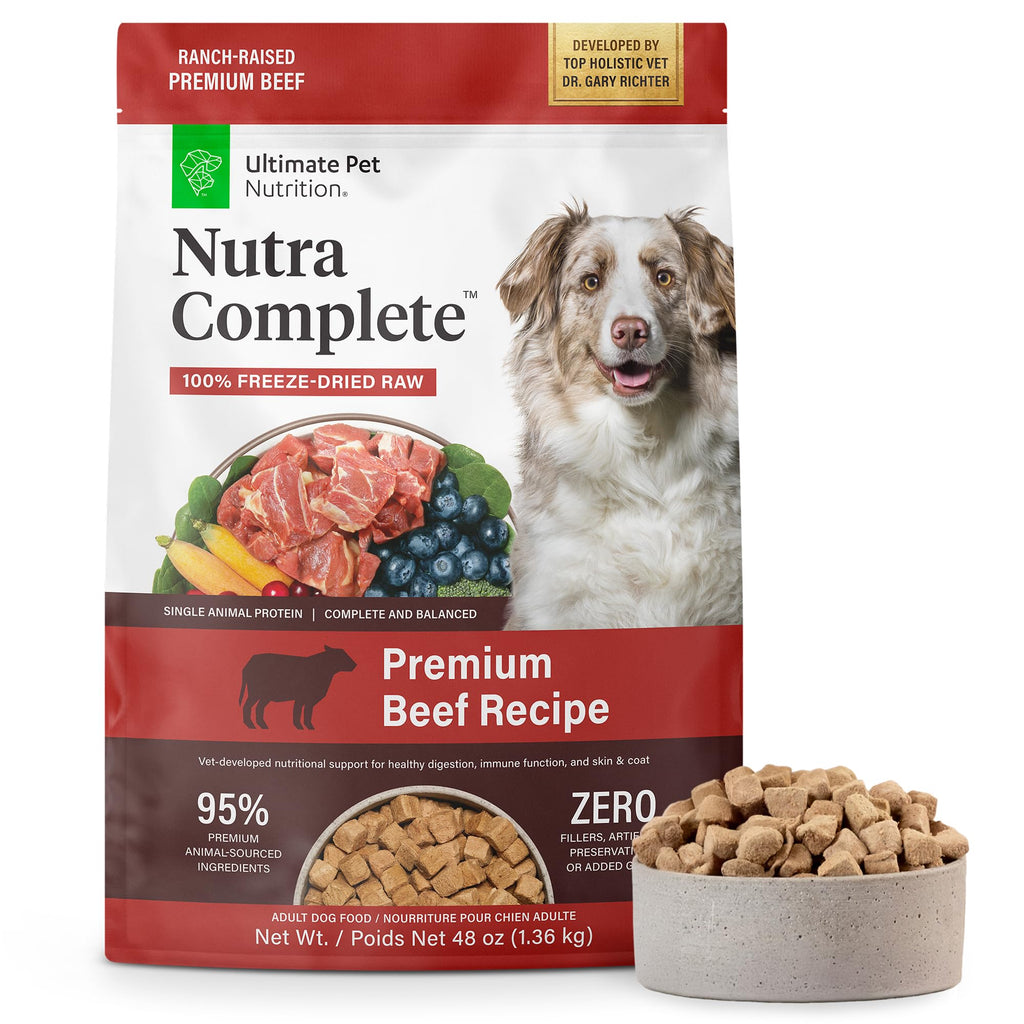 ULTIMATE PET NUTRITION Nutra Complete Freeze Dried Raw Dog Food, Veterinarian Formulated with Antioxidants, Prebiotics & Amino Acids (3 Pound, Beef)