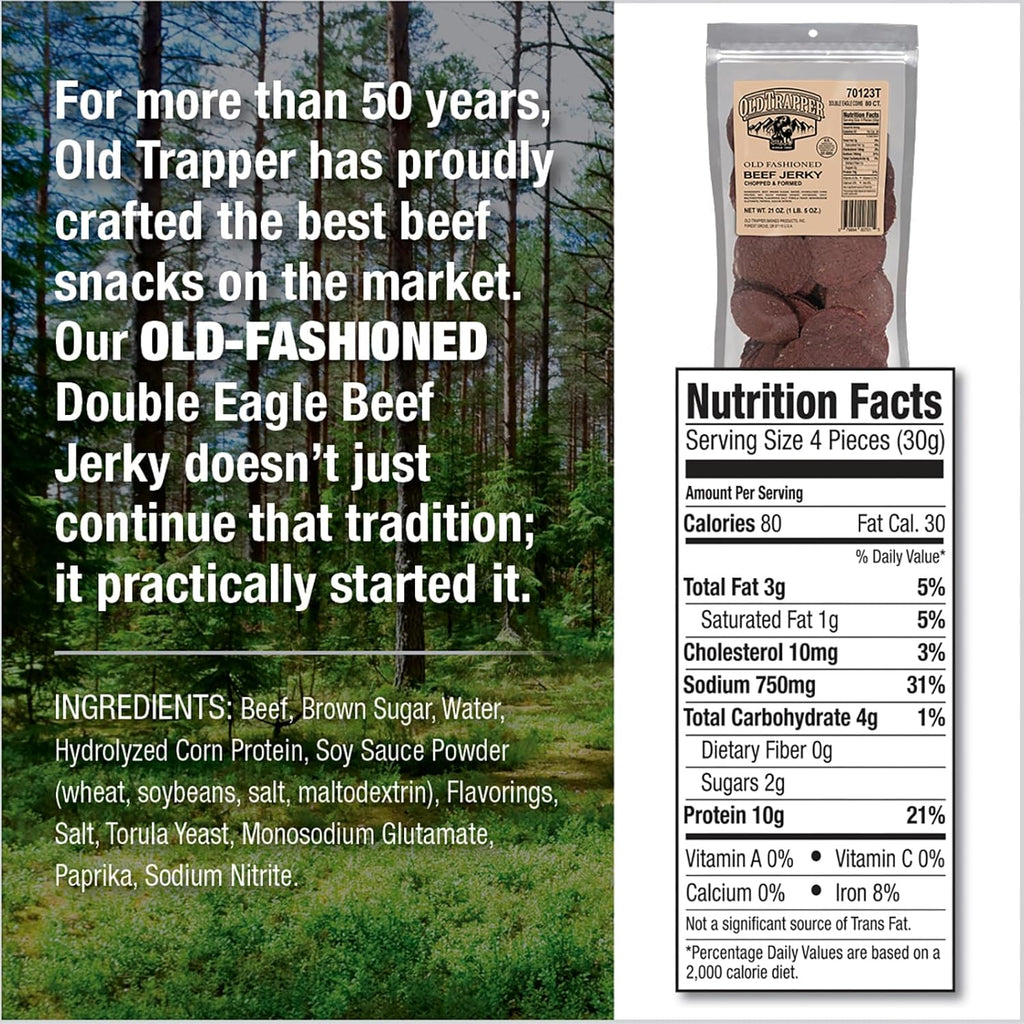 Old Trapper Double Eagle Beef Jerky, Old-Fashioned Flavor, 21 Ounce Package, Delicious Jerky Snacks, 10 Grams of Protein and 80 Calories per Serving (Pack of One)