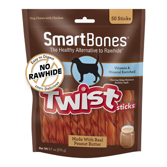 SmartBones Smart Twist Sticks With Peanut Butter, Rawhide-Free Chews For Dogs, 50 Count